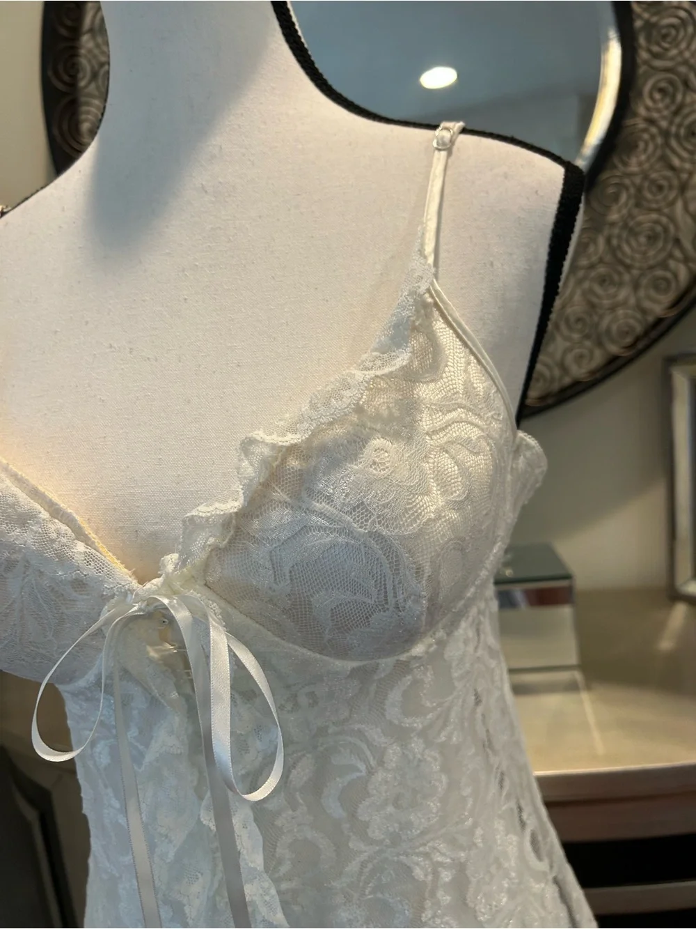 Delicate Lace Chemise Slip in Ivory with Ribbon Tie